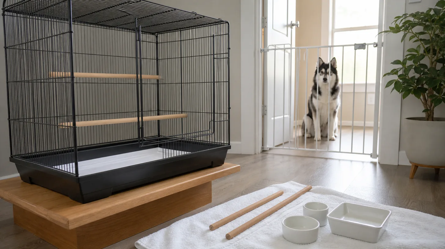 An empty bird enclosure and clean components dry while a Pomsky waits behind a separate gate