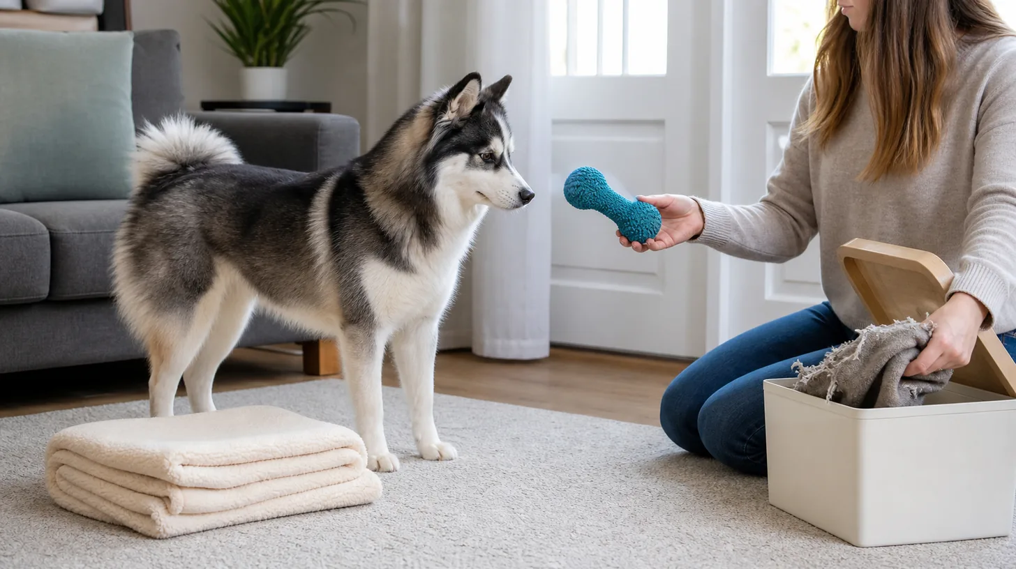 A Pomsky disengages from bedding while a caregiver offers an intact dog toy