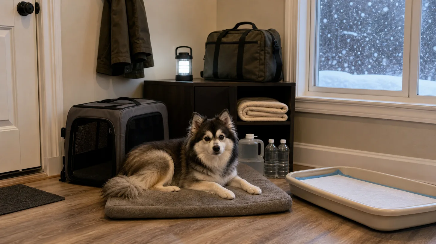 A Pomsky rests beside organized emergency supplies while snow falls outside