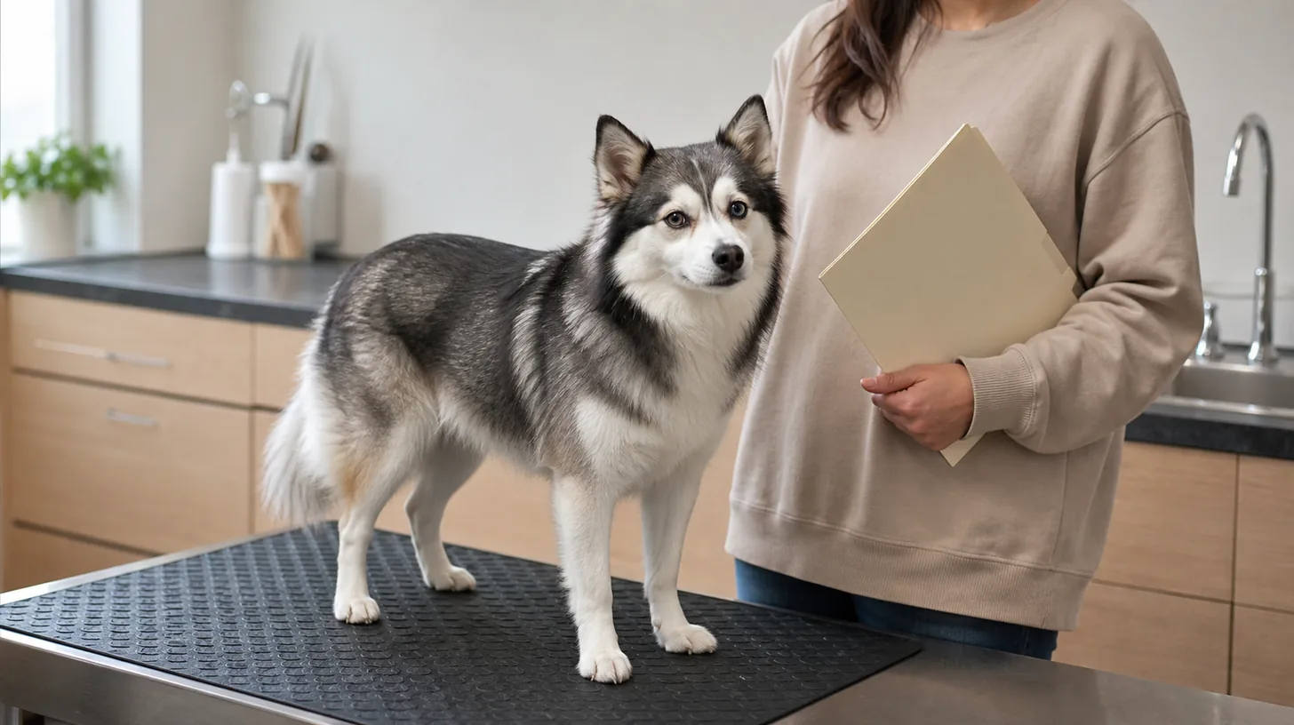 A Pomsky stands on a nonslip exam surface beside a caregiver holding veterinary records