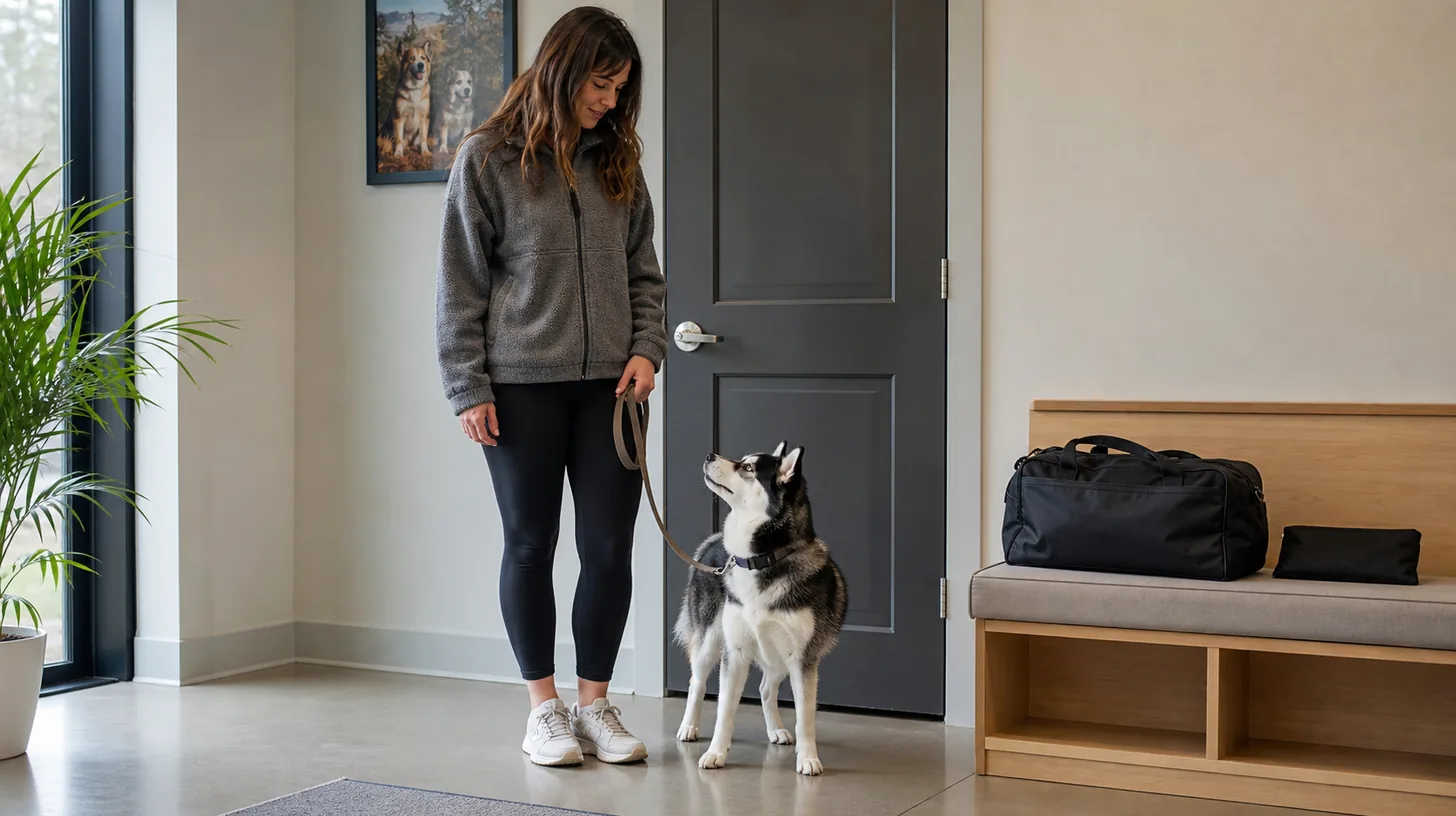A caregiver holds a leashed Pomsky beside a returned bag at a closed boarding door