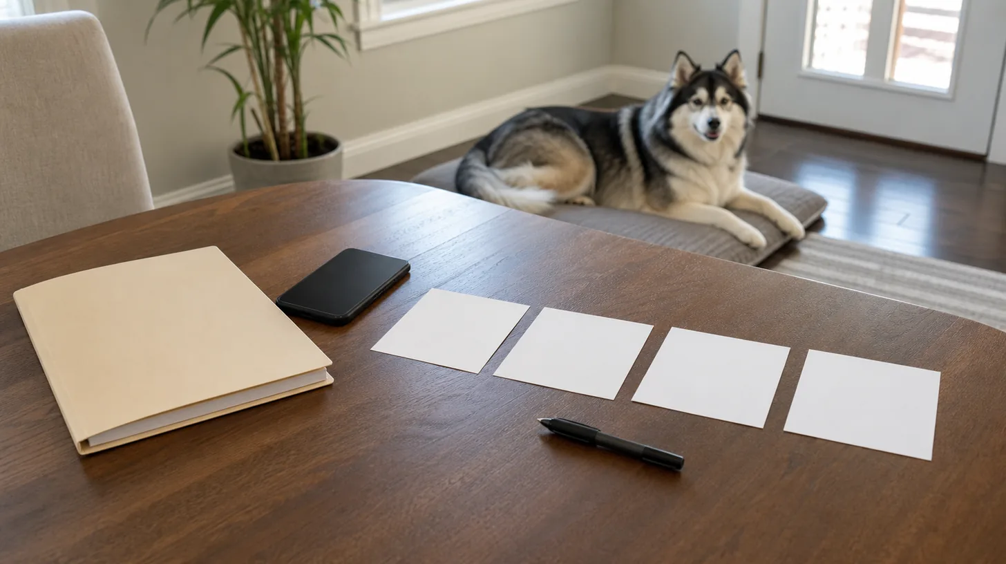A closed folder, face-down phone and blank timeline cards sit near a resting Pomsky