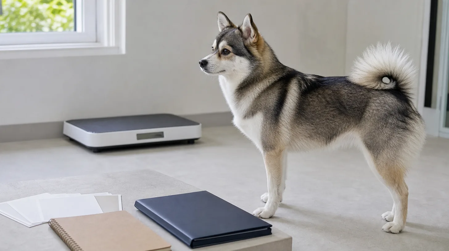 Pomsky stands naturally beside a blank pet scale with plain photo cards food log and review folder nearby
