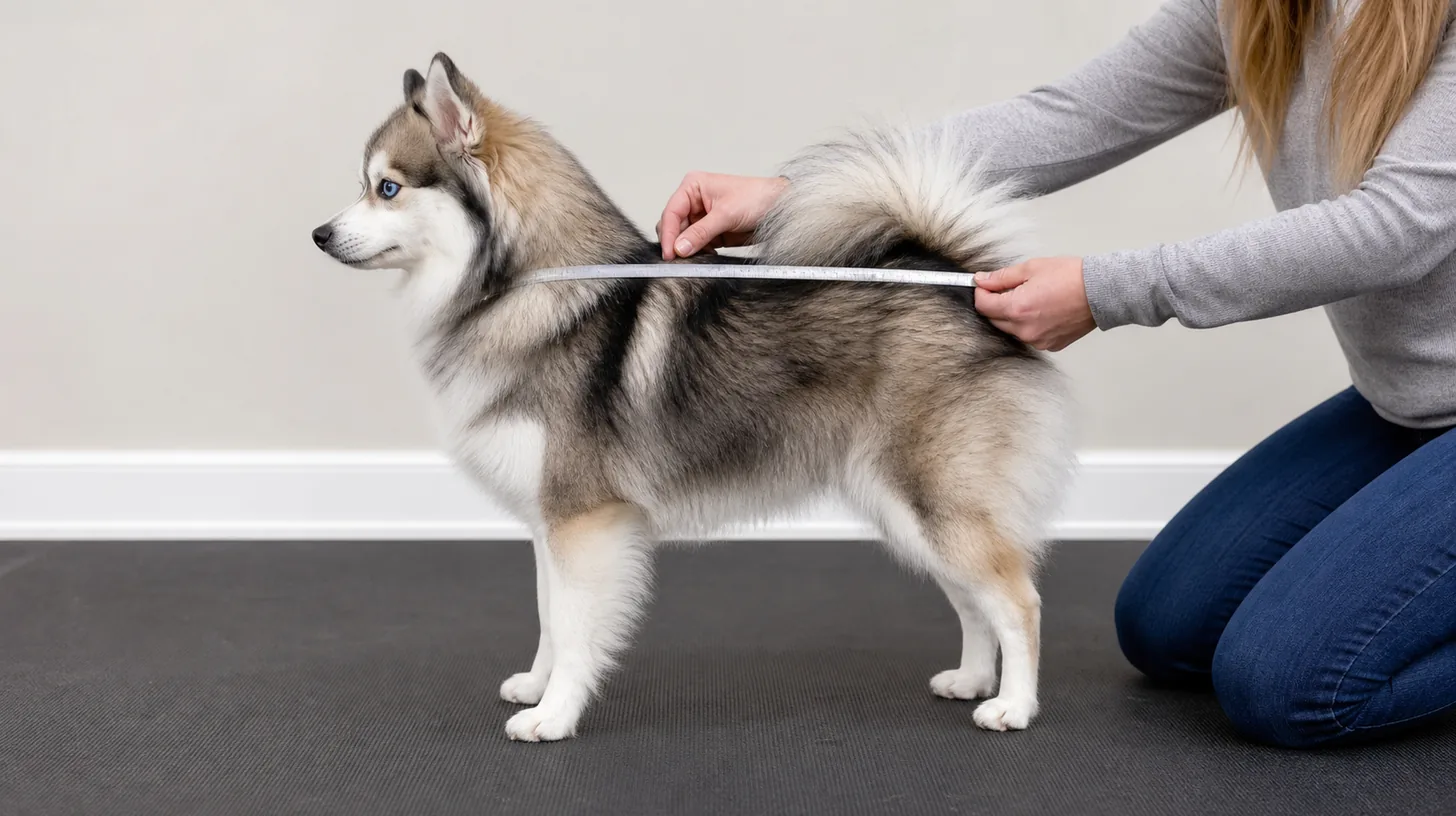 Caregiver holds a plain measuring tool along a naturally standing Pomsky