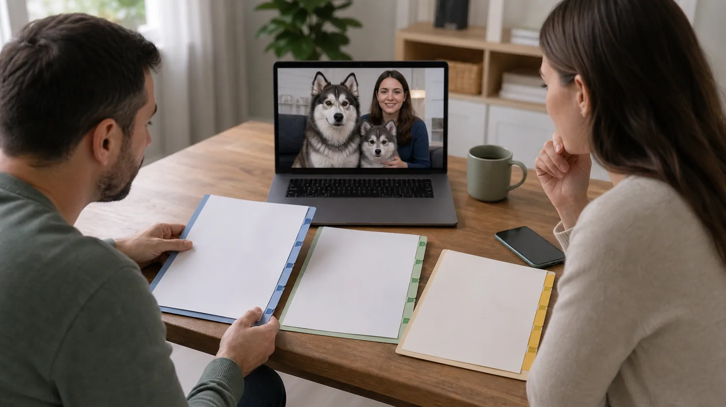 A buyer compares blank breeder record folders during a video call showing a Pomsky puppy and adult dog