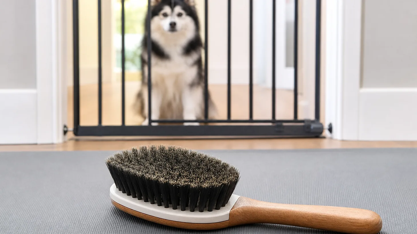 A bristle brush rests on a clean surface away from a gated Pomsky