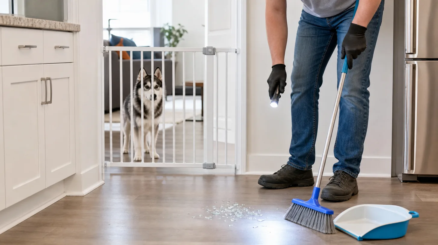 A Pomsky waits behind a gate while an adult cleans a broken-glass area