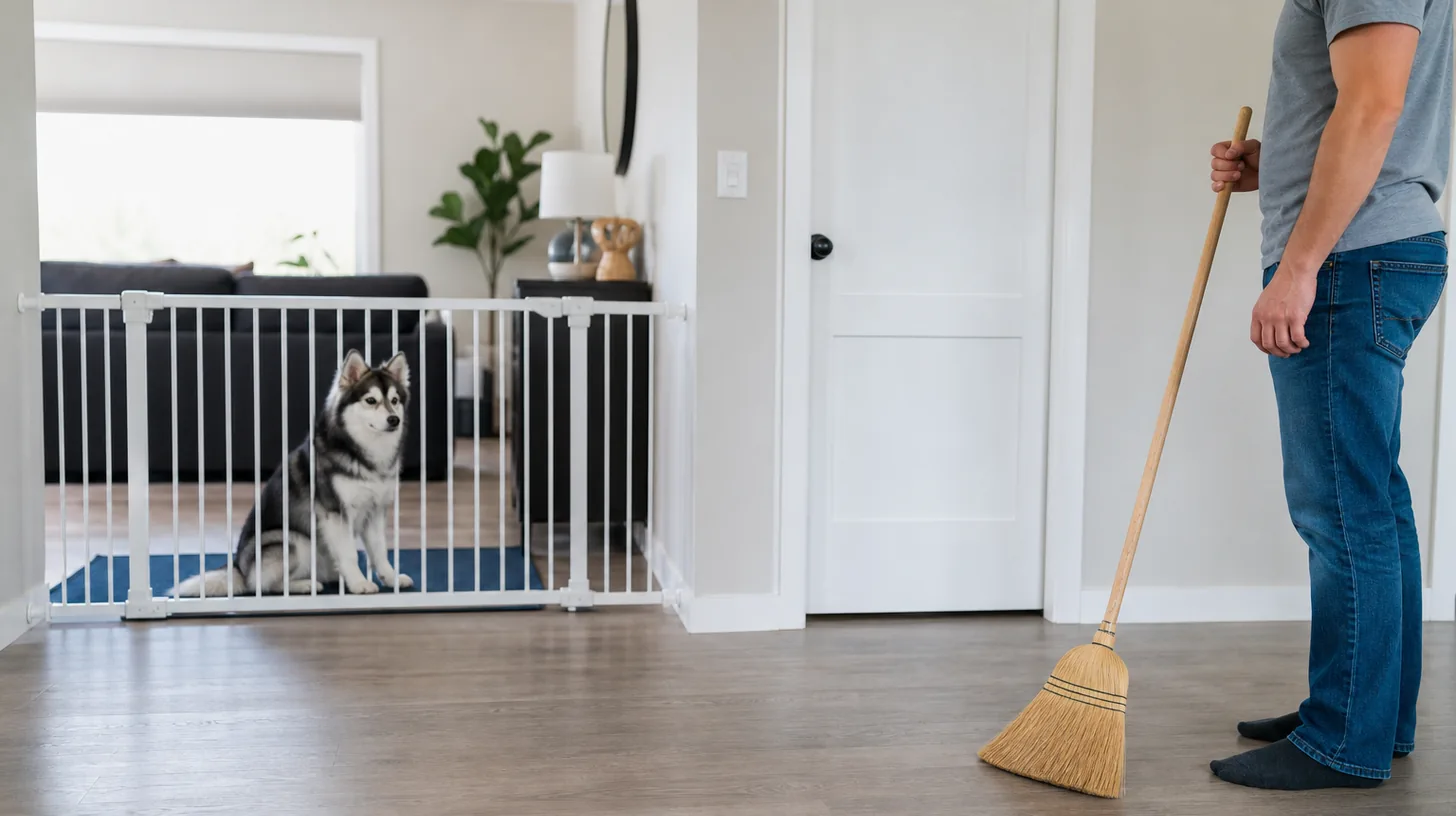 A Pomsky observes a stationary broom from behind a secure gate
