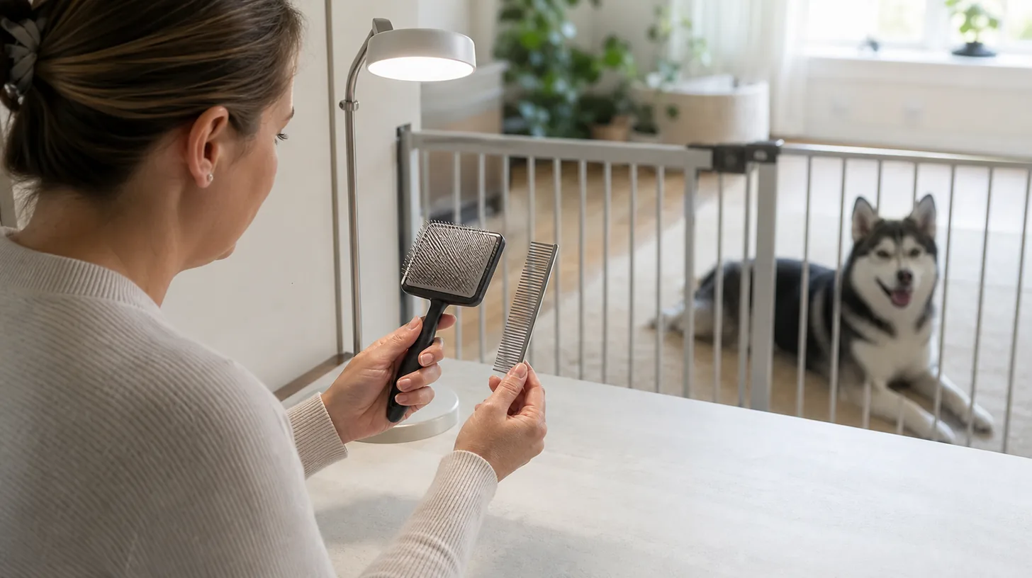 Caregiver inspecting Pomsky brush pins and comb teeth under bright light