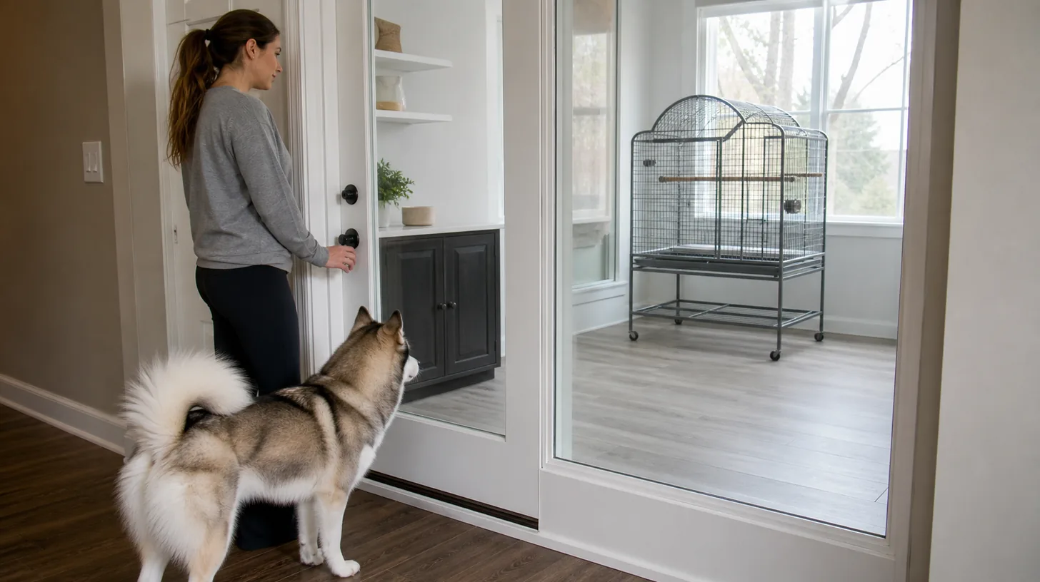 A Pomsky and caregiver remain outside a closed room containing an empty bird cage