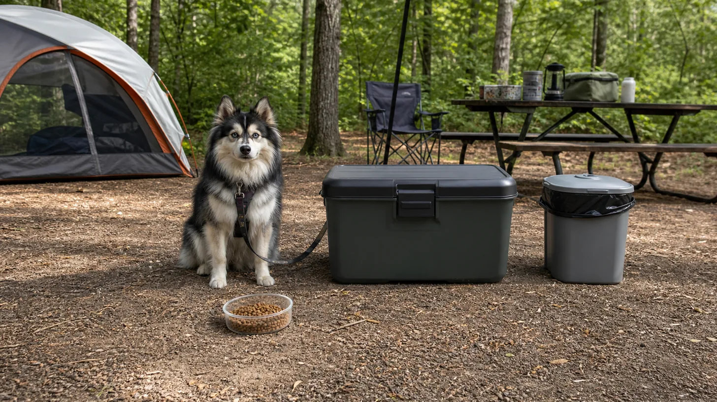 Leashed Pomsky sits at a campsite beside a closed food tote measured meal and lidded waste container