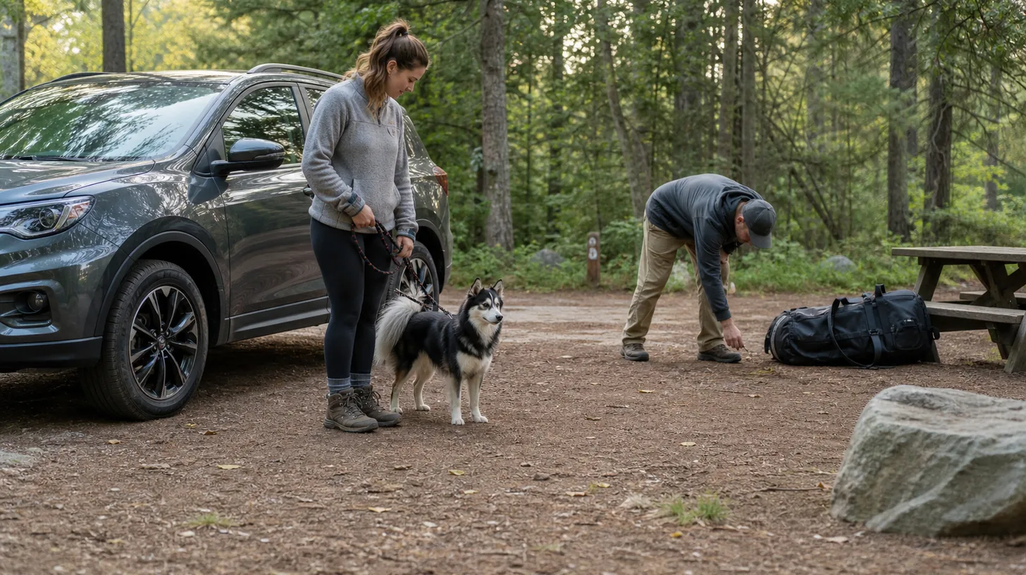 A leashed Pomsky waits beside a closed vehicle while an adult completes a campsite sweep