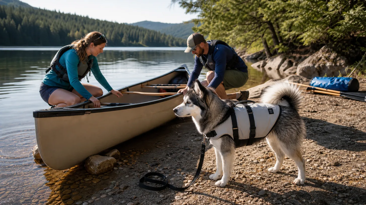Pomsky in a fitted life jacket waits beside a stabilized empty canoe at a quiet shore