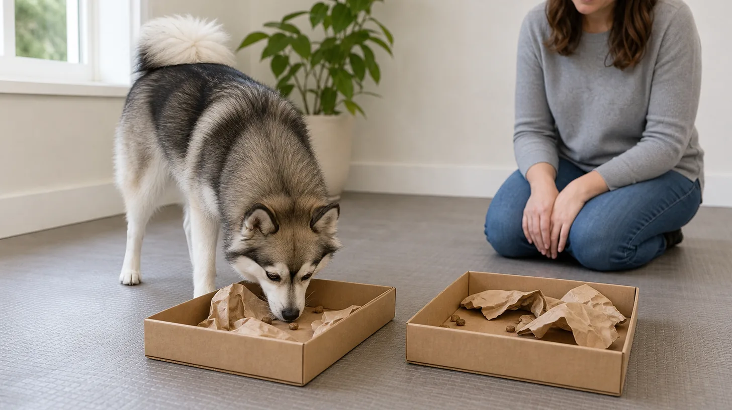 A supervised Pomsky sniffs visible food in two shallow plain cardboard boxes