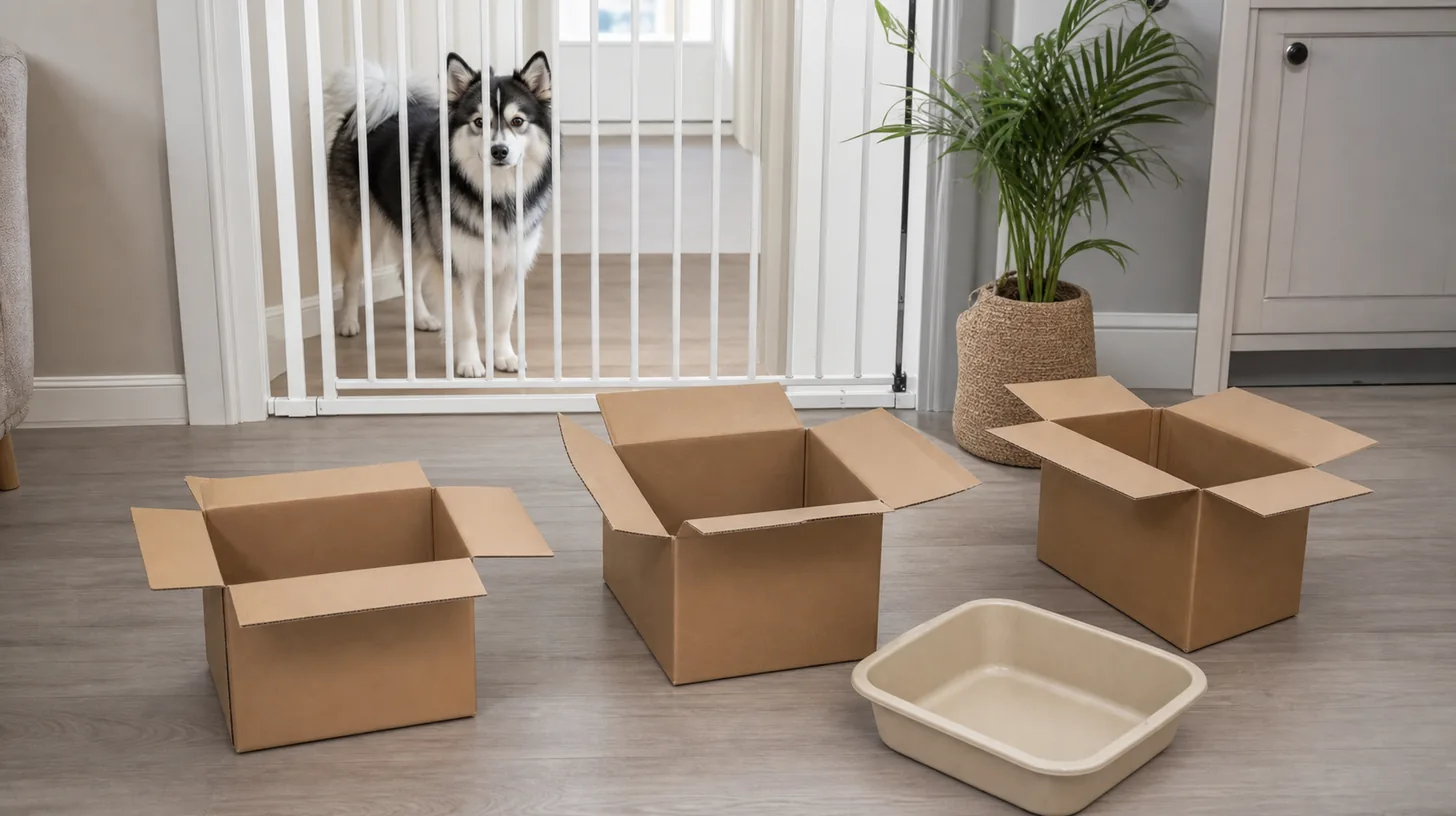 Three empty cardboard boxes and a discard tray rest away from a gated Pomsky