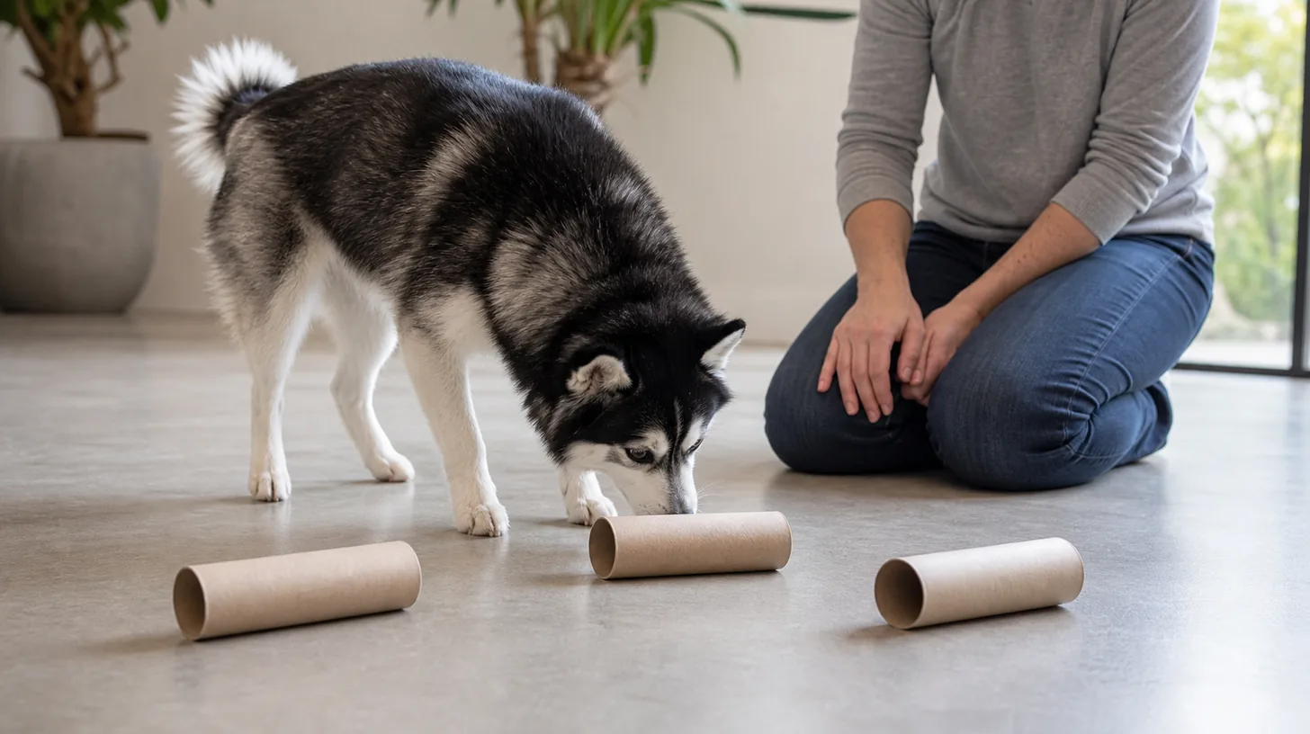 Pomsky sniffing intact open cardboard tubes on a clear nonslip floor