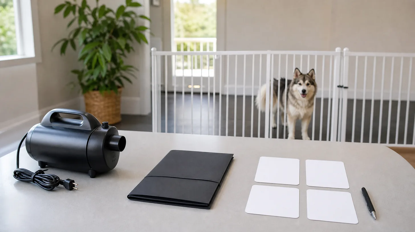 A disconnected care device, closed folder and blank intake and return cards are inspected away from a Pomsky