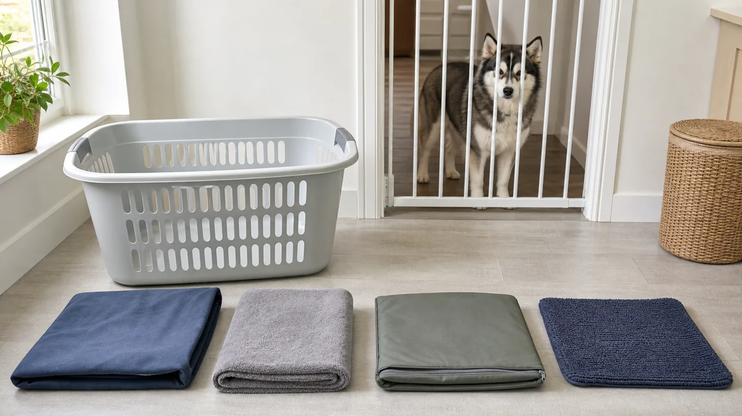 Empty vented laundry basket beside four separated dry care textiles