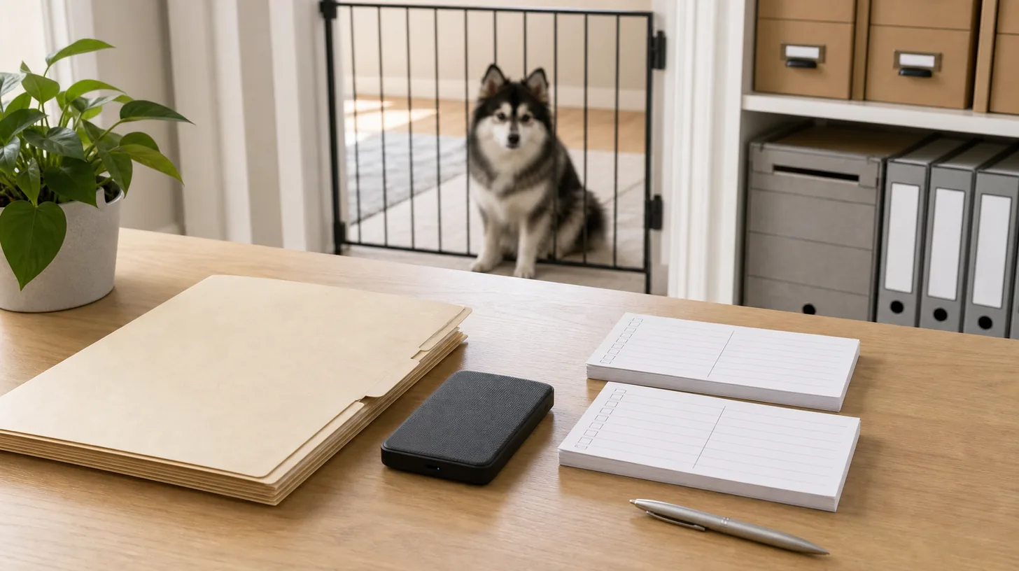 Closed archive folders, storage device and blank inventory cards with a Pomsky behind a gate