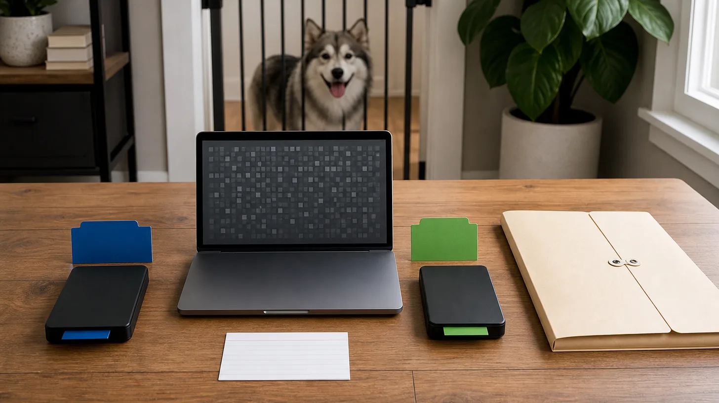 Two color-coded storage drives, blank inventory card and archive folder with a Pomsky behind a gate