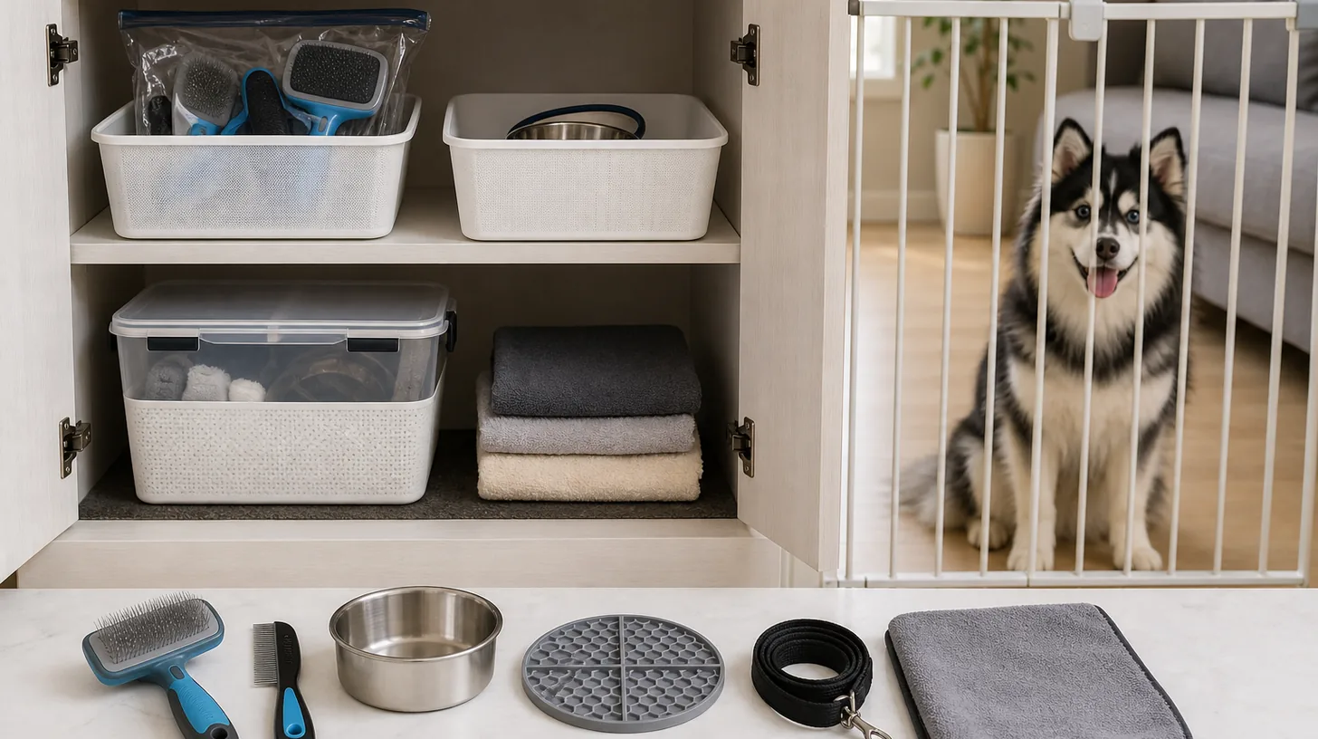 Organized care-supply cabinet and separated equipment with a Pomsky behind a gate