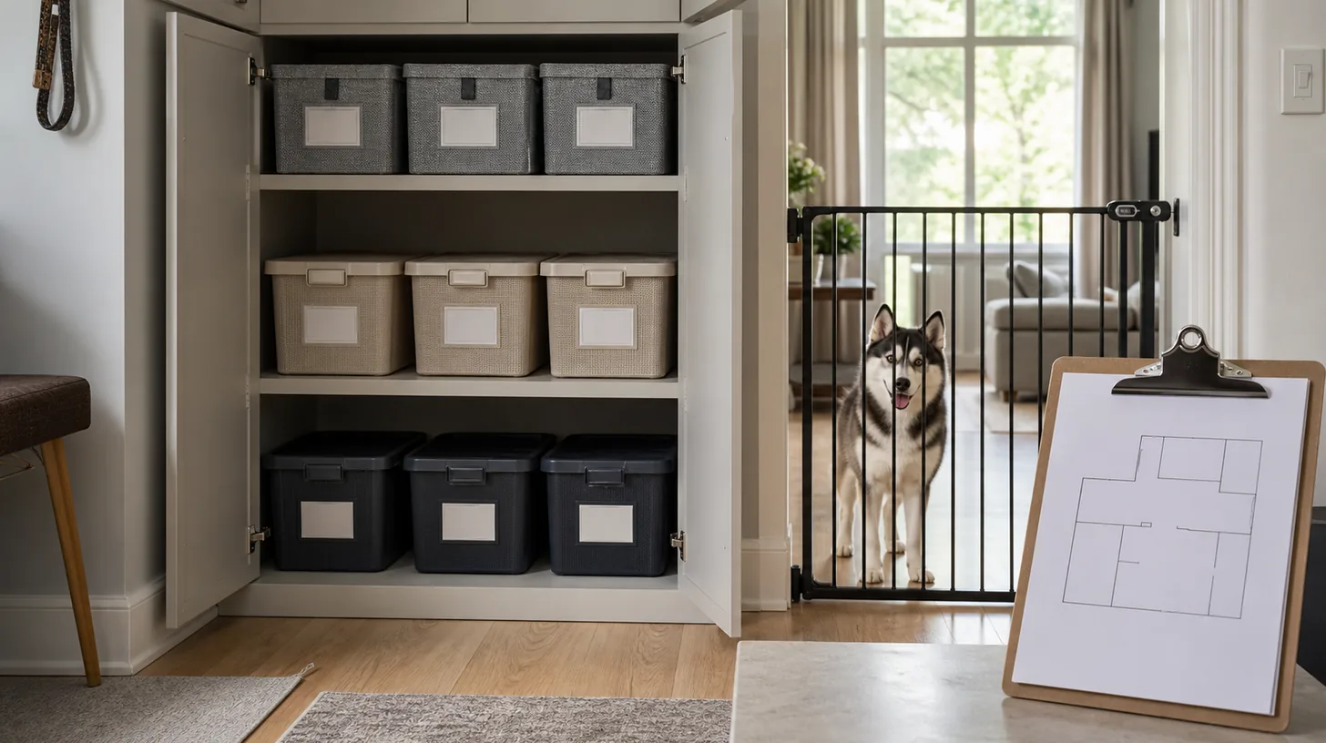 Closed storage bins in separate cabinet zones sit beside a blank caregiver map away from a gated Pomsky
