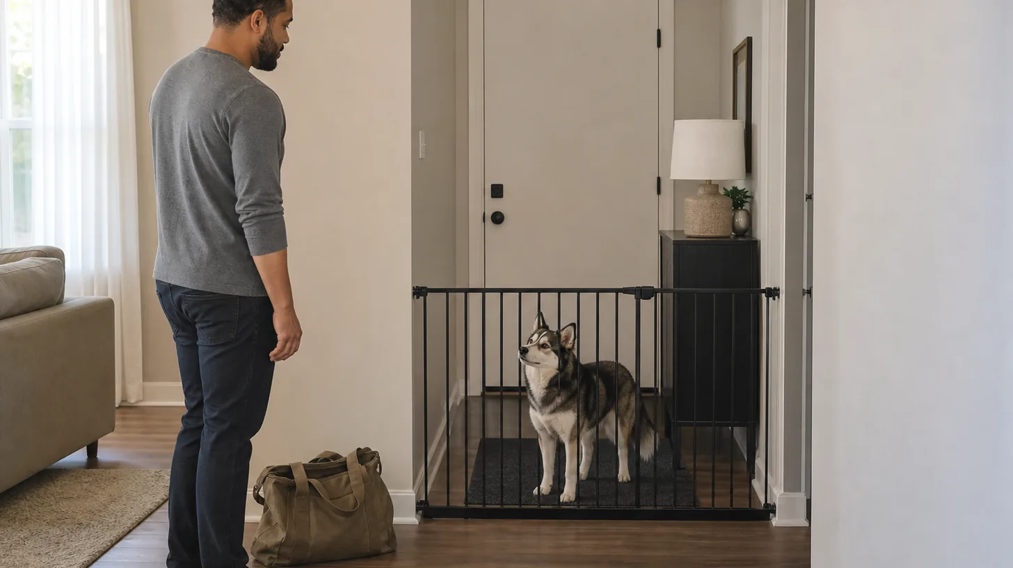 A Pomsky waits calmly behind a gate after a caregiver enters and closes the door
