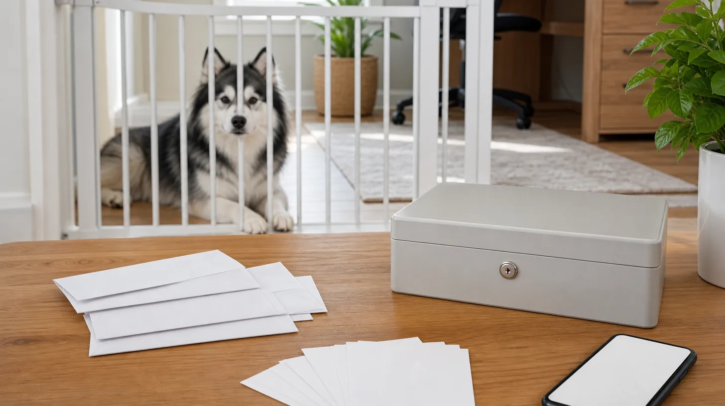 Pomsky rests behind a gate while closed key envelopes blank access cards a locked box and blank phone are reviewed