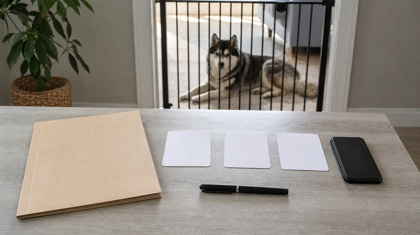 A closed care folder, three blank change cards and a phone sit near a gated resting Pomsky