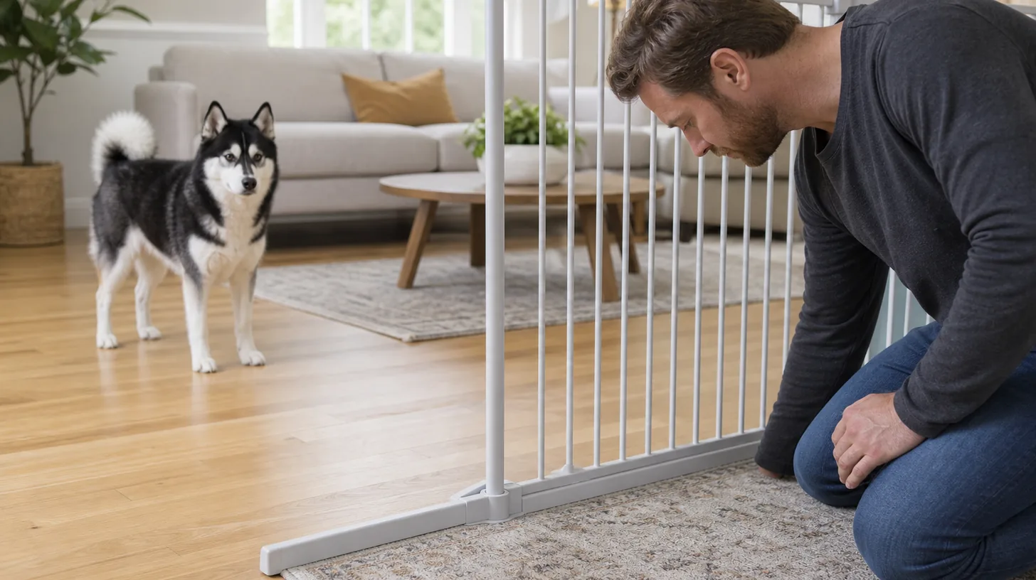 A Pomsky remains away from a gated rug while a caregiver inspects the intact edge