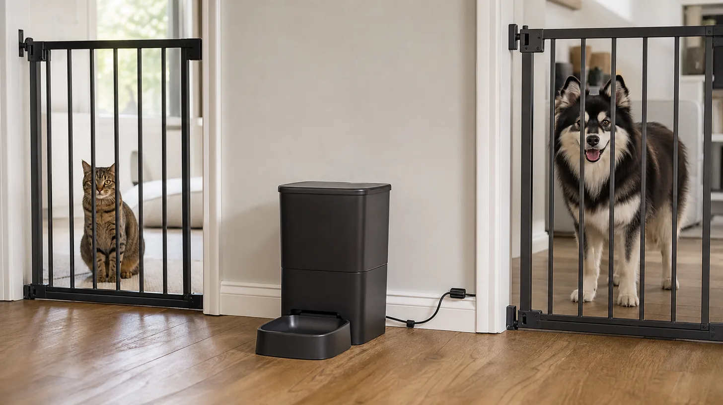 A closed cat automatic feeder stands between separately gated cat and Pomsky zones