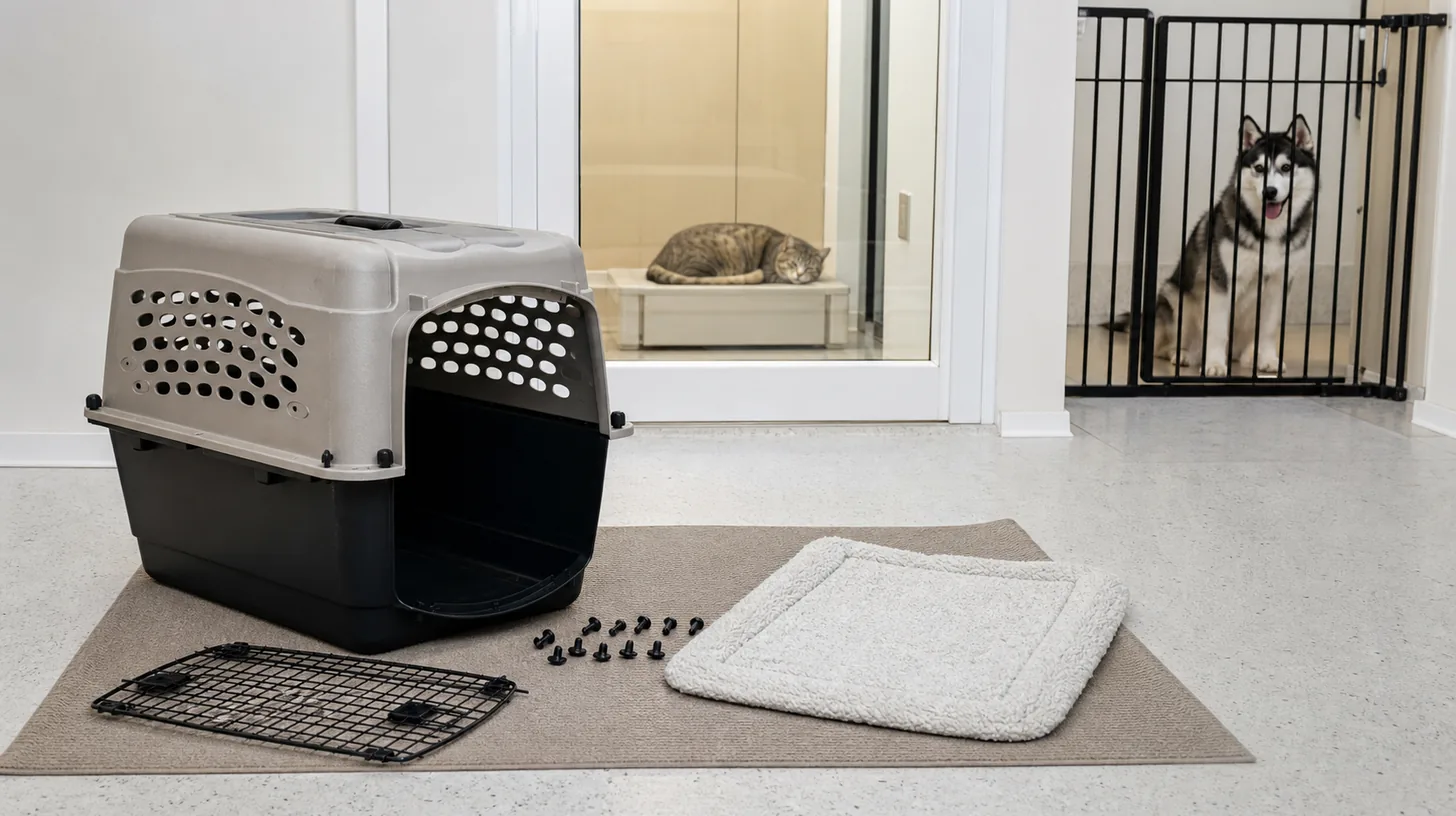 An empty cat carrier, door, liner and fasteners dry while a cat and Pomsky remain separated