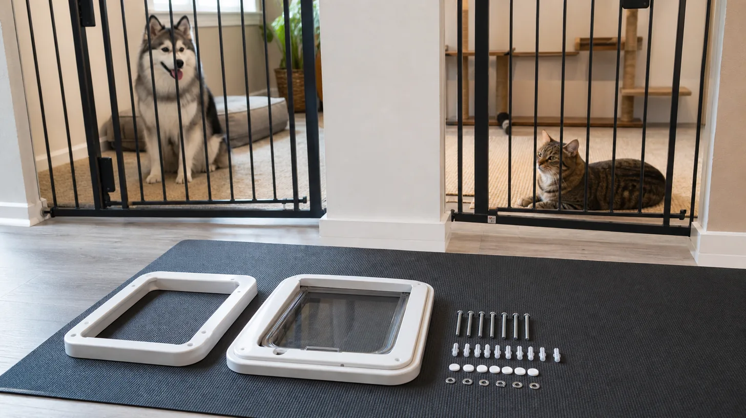 Cat-door frames and fasteners are counted while a Pomsky and cat remain in separate gated areas