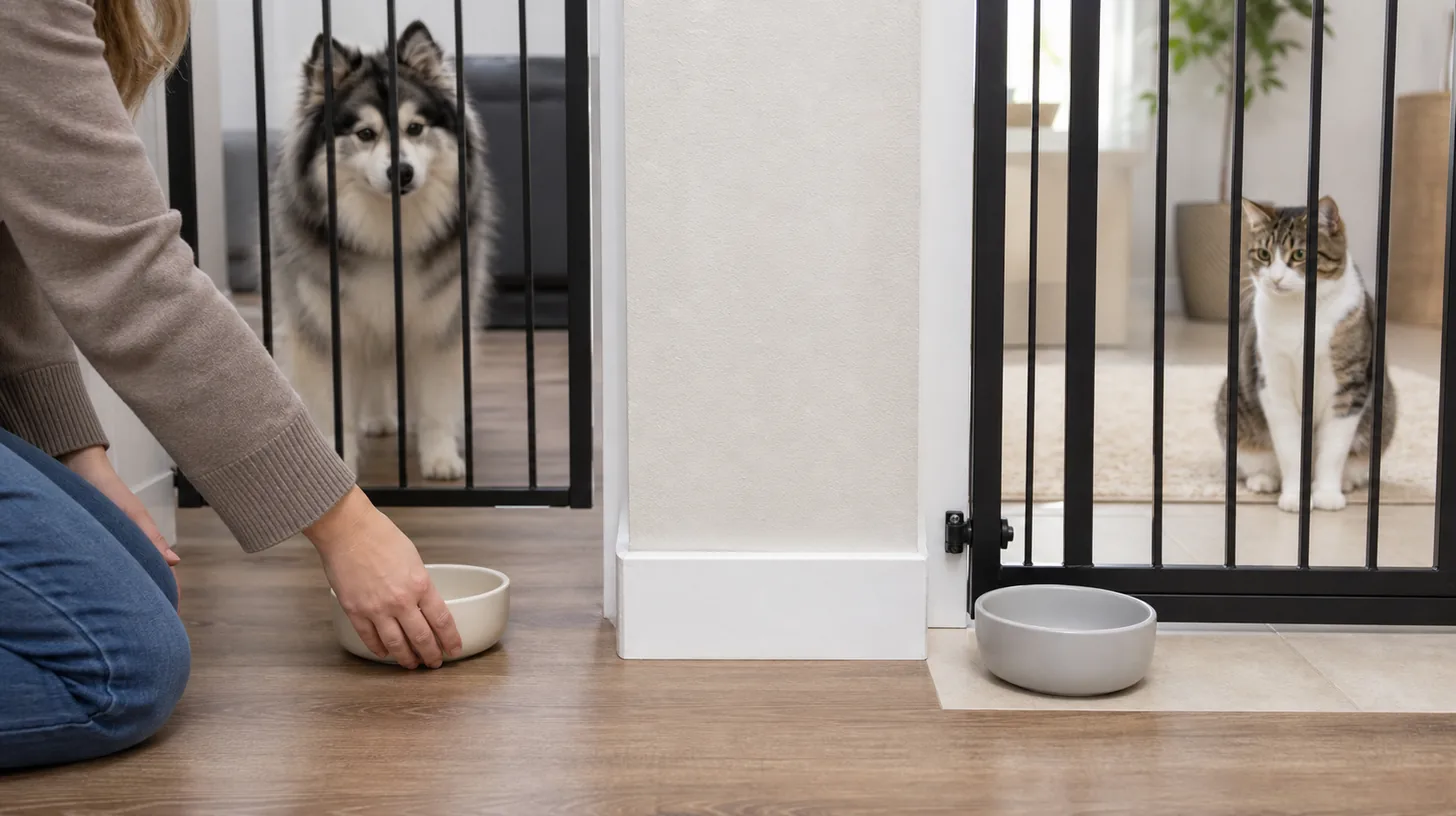 Caregiver removes separate empty bowls while a Pomsky and cat remain behind gates
