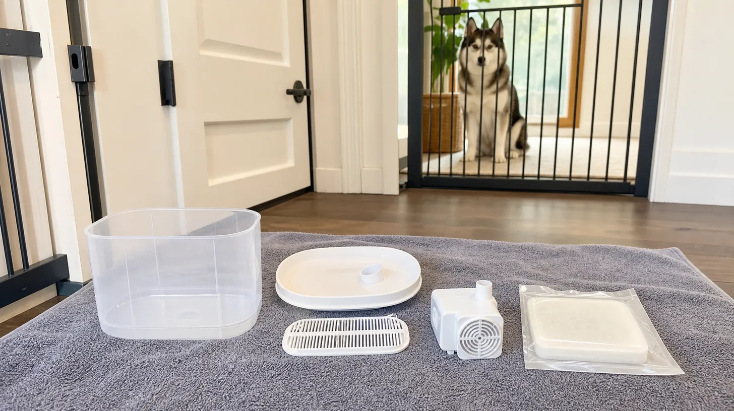 An unplugged empty cat fountain and sealed filter are arranged while a Pomsky waits behind a gate