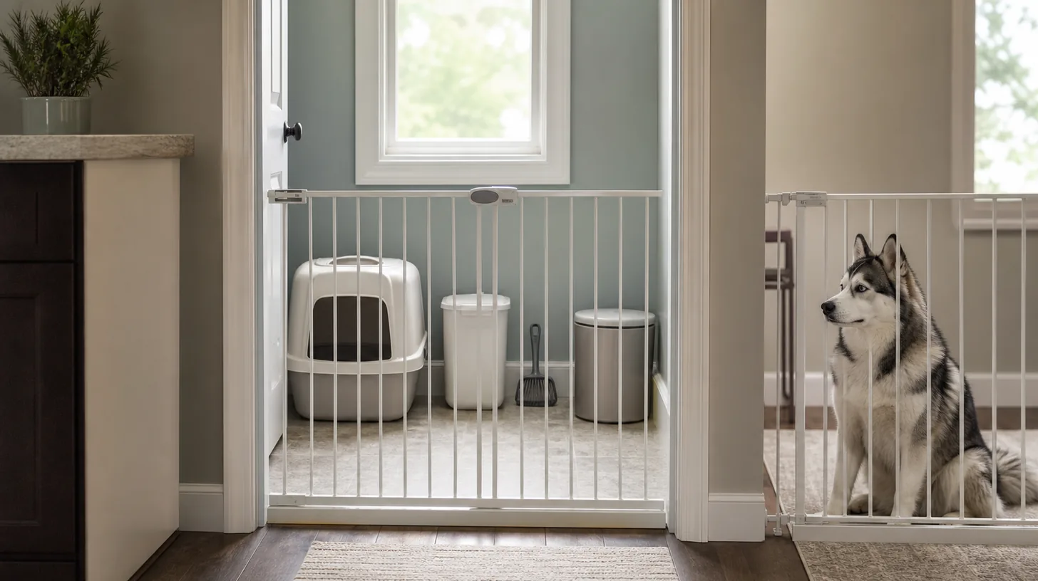 A covered litter box and closed cleanup containers remain behind one gate while a Pomsky waits behind a second gate