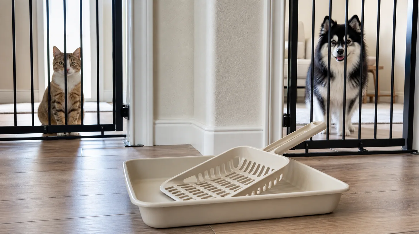 A clean empty cat litter scoop dries in a tray between separately gated cat and Pomsky zones