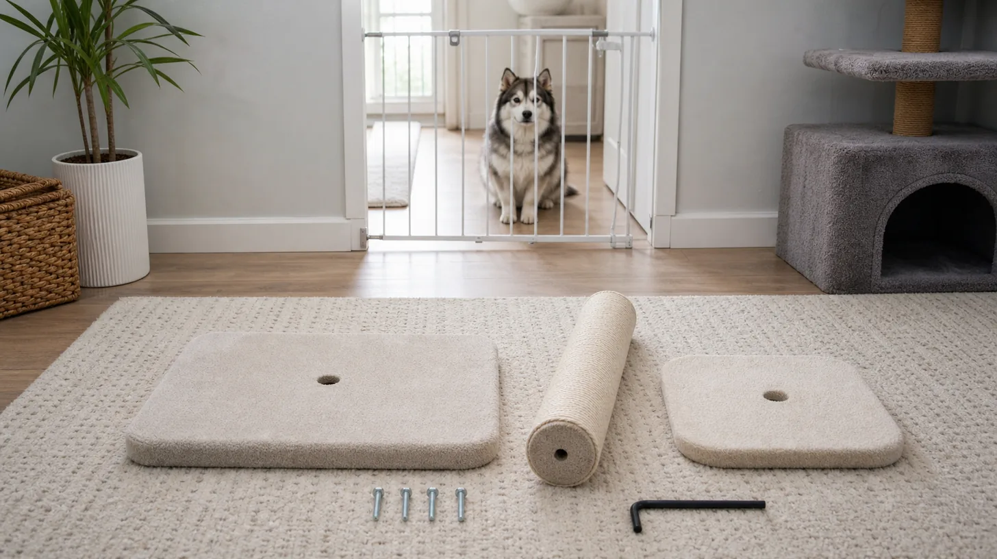 A scratching-post base, wrapped post, platform and fasteners are counted away from a gated Pomsky