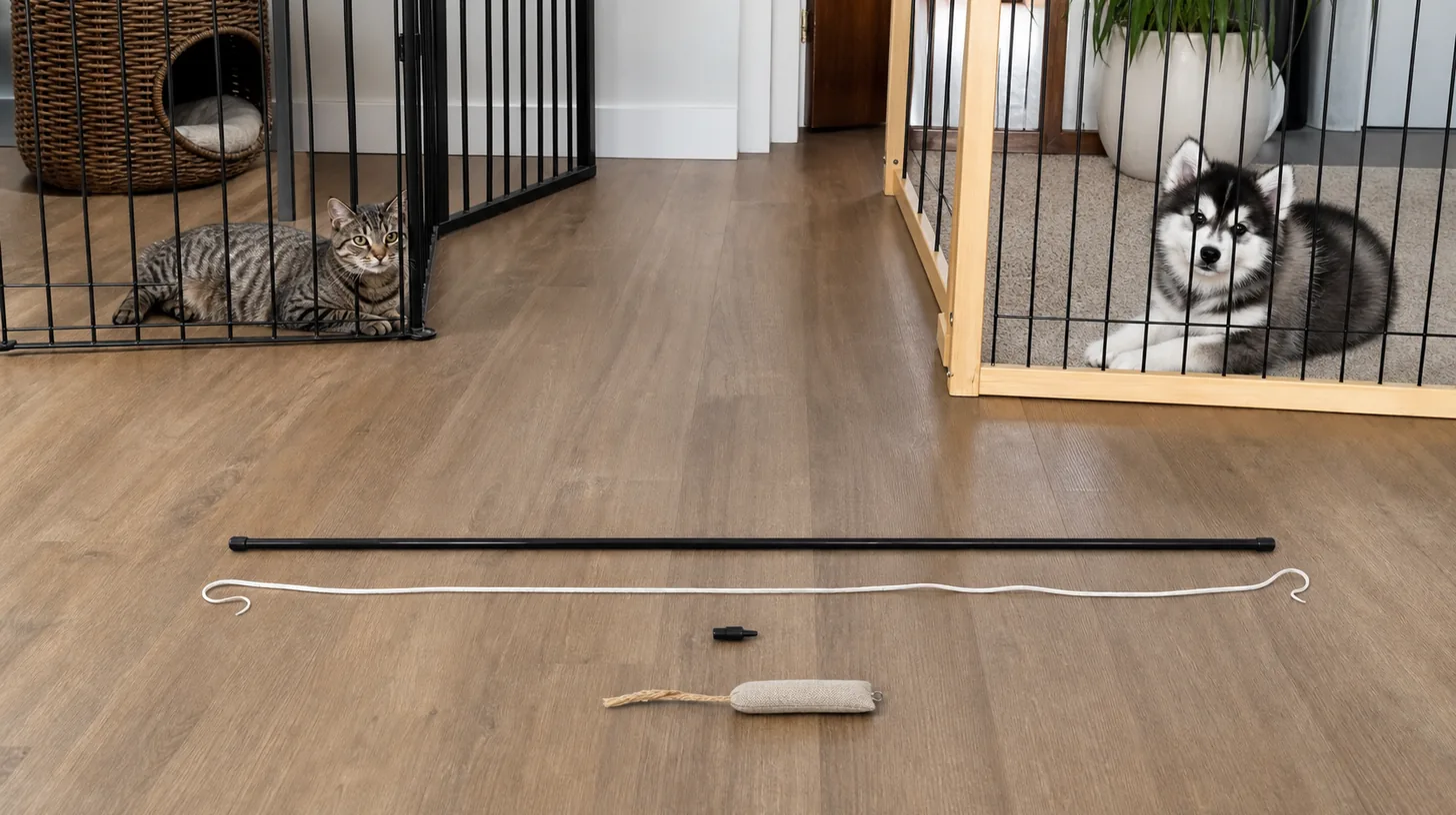 A cat wand pole, string and lure are laid out for inspection between separated cat and Pomsky zones