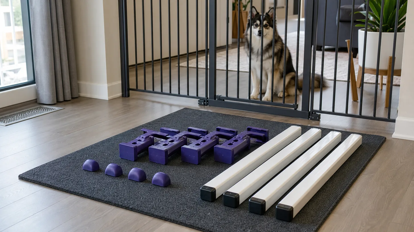Cavaletti rails, supports and end caps are counted on a mat while a Pomsky waits behind a gate