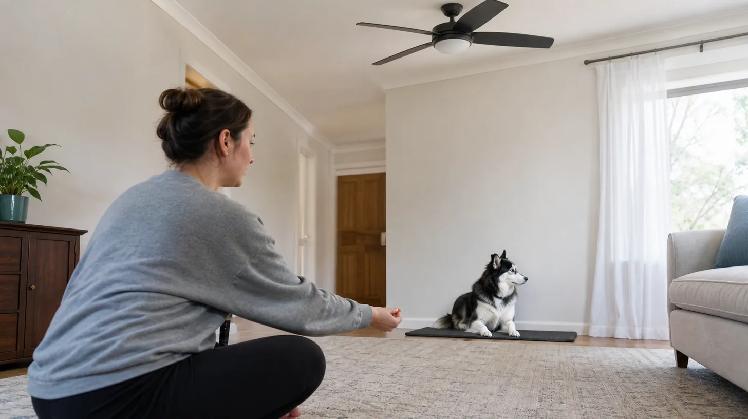 Relaxed Pomsky on a mat at a distance from a slow plain ceiling fan