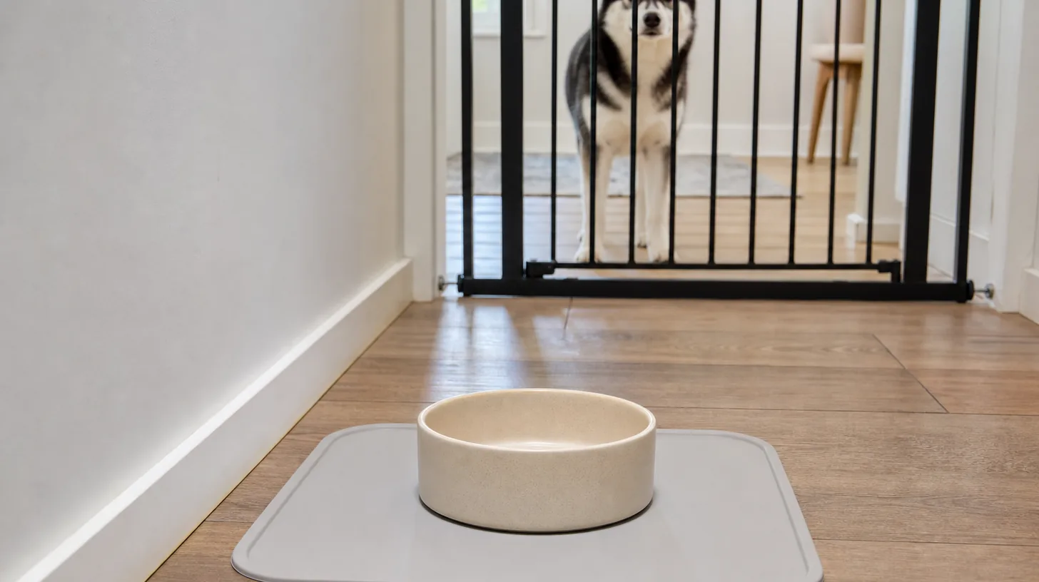 An empty ceramic food bowl sits on a clean mat away from a gated Pomsky