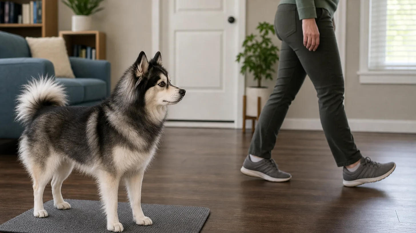 A Pomsky stands calmly on a mat while an adult takes one slow step