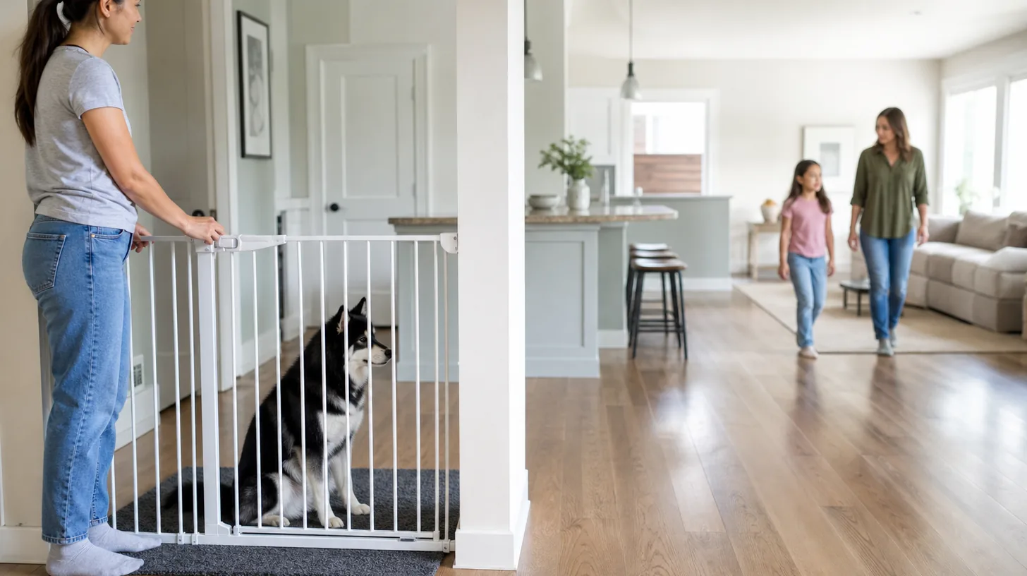 A Pomsky sits behind a secure gate while a child walks calmly in a distant supervised zone