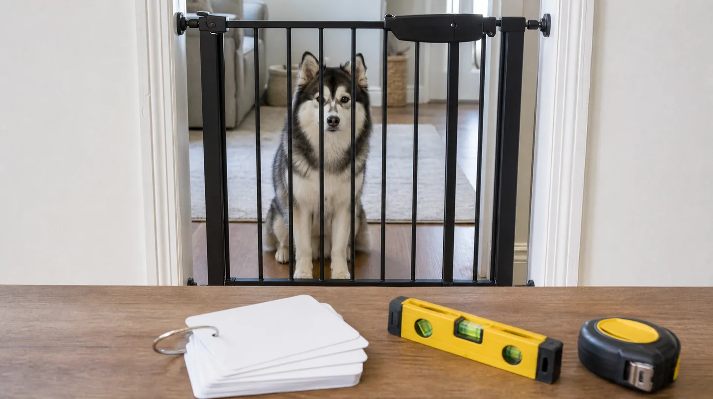 Pomsky waits behind a secure indoor gate while blank inspection cards a level and closed tape are arranged