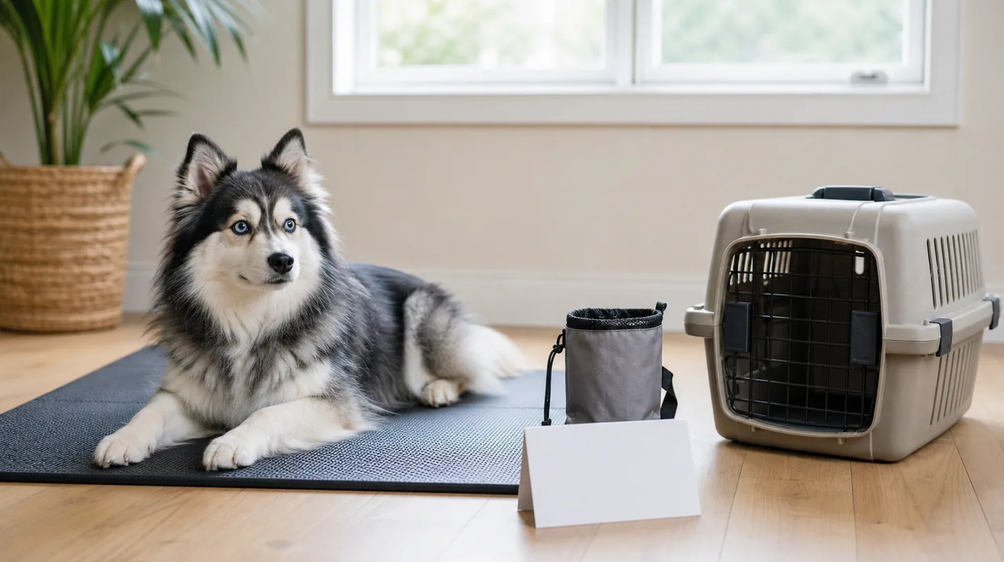 Calm Pomsky rests on a nonslip mat beside a blank handling card closed reward pouch and carrier