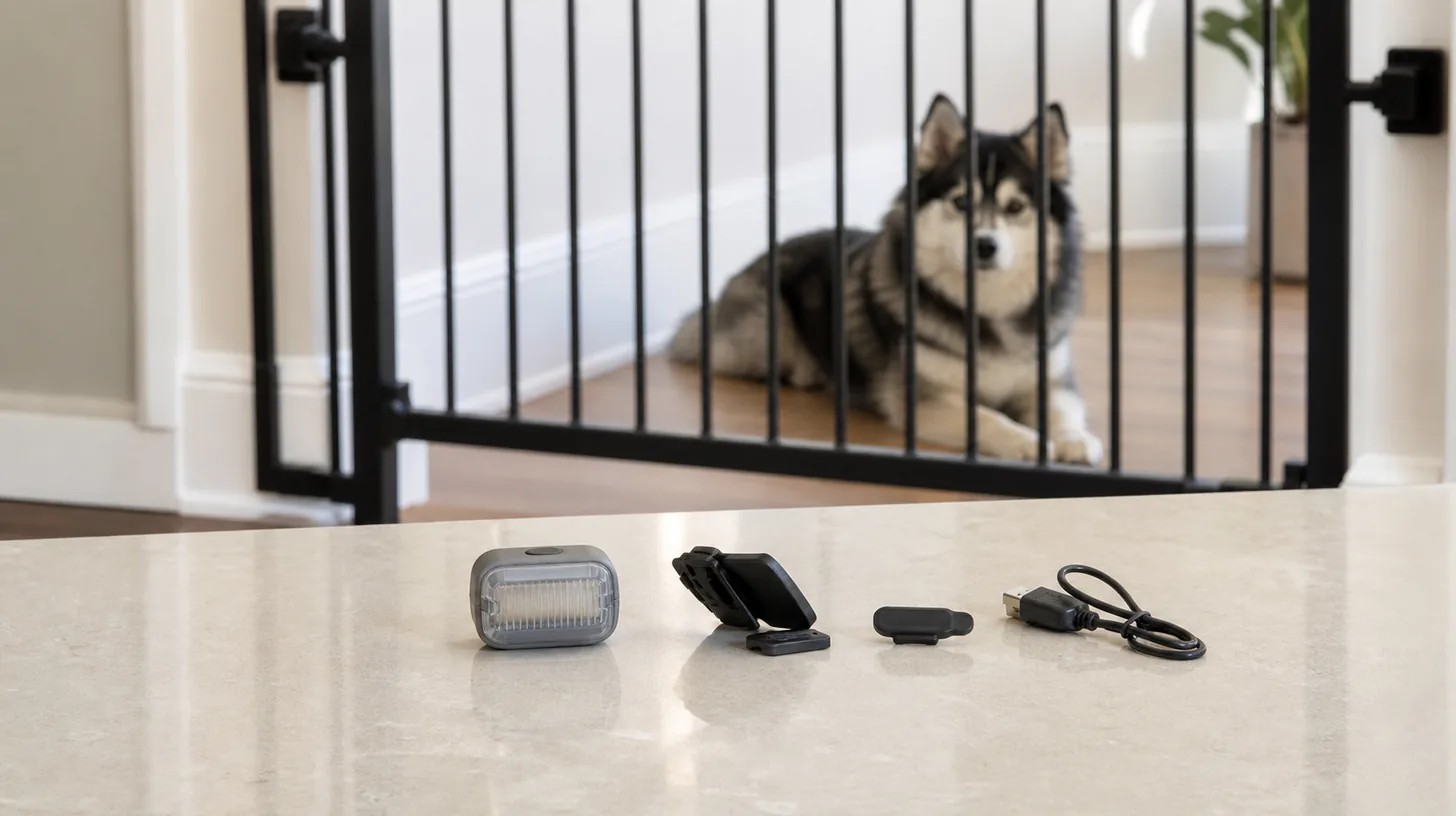 A clip-on safety light, cap and cable rest on a clear surface away from a gated Pomsky