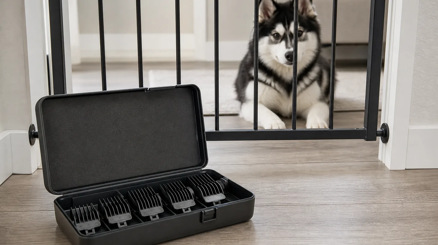 Clean clipper guard combs are arranged in an open case away from a gated Pomsky