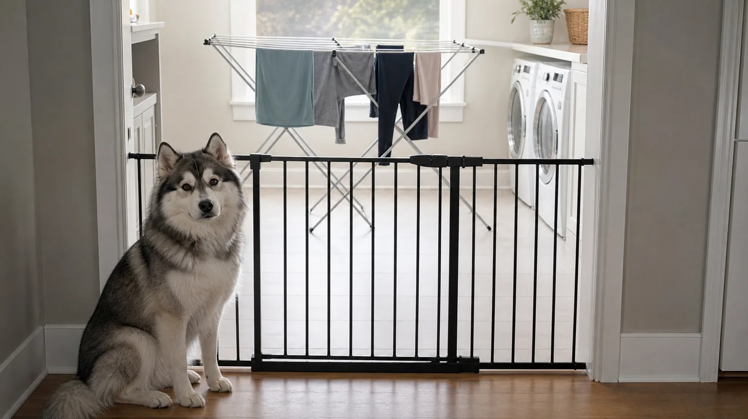 Pomsky waits behind a closed gate outside a room with a stable clothes drying rack