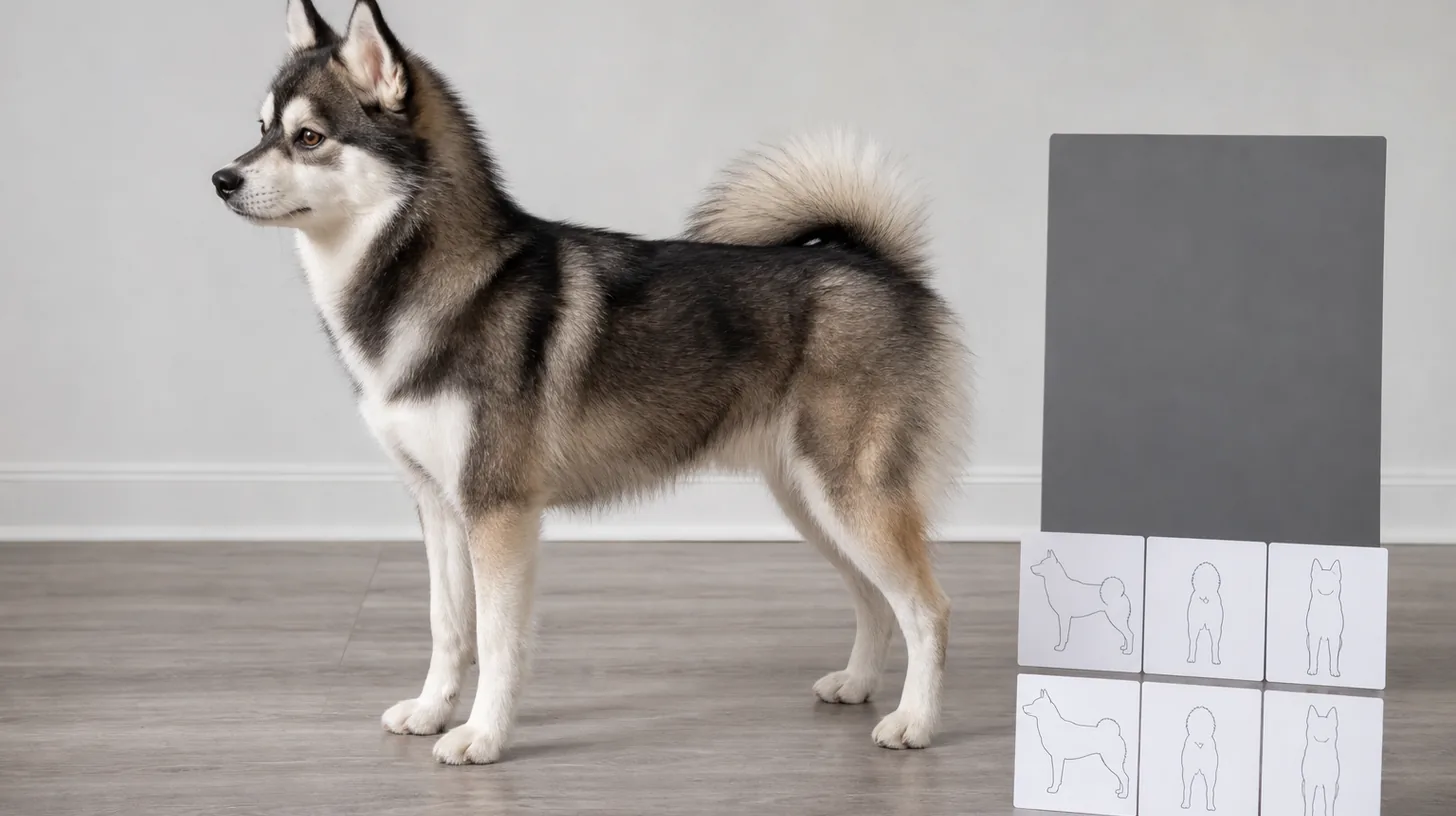 Pomsky stands in side view beside a gray reference card blank body view cards and a floor marker